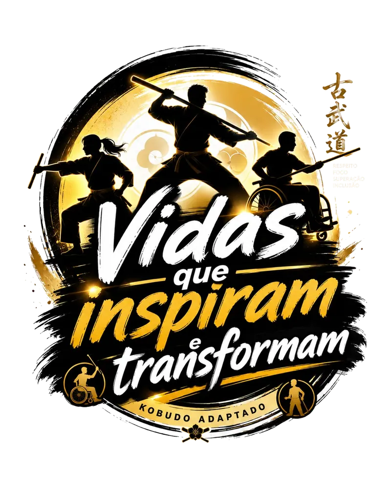 Logo Vidas que inspiram e transformam, Kobudo adaptado: praticantes com bastão, um deles na cadeira de rodas, em dourado e preto